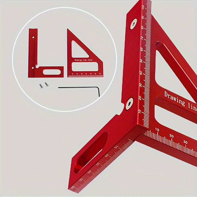 Aluminum woodworking square ruler for carpentry and DIY projects, measuring 45 and 90 degree angles.