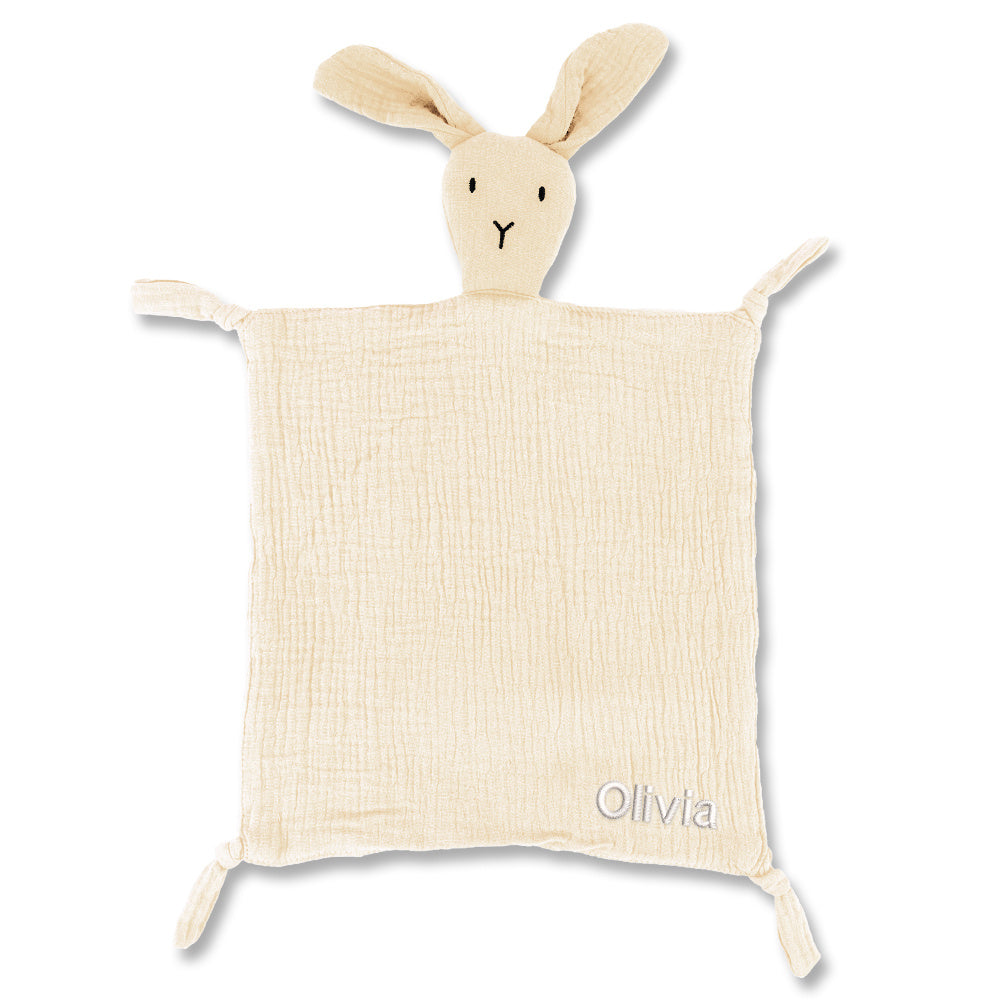 Personalized Bunny Muslin Blanket in Pink, Yellow, Beige, Blue, and Light Brown for Boys and Girls. Customizable with Name. Soft and Breathable. Ideal Kids Gift.