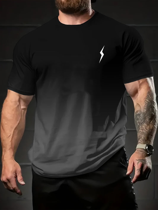 Men's Summer Casual T-Shirt with 3D Lightning Pattern, Gradient Color, Short Sleeve, Crew Neck, 100% Polyester Knit Fabric, Slight Stretch, Regular Fit, 140gsm - Stylish Sports Tee for