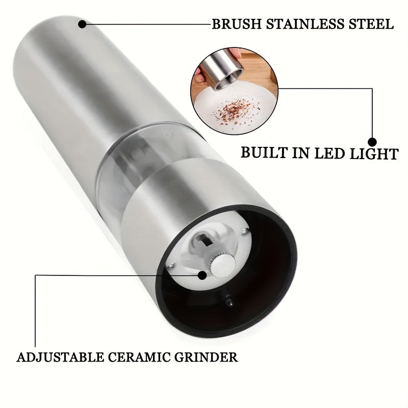 Get your hands on a set of two electric salt and pepper grinders that are battery powered. These grinders offer convenient one-hand operation and feature an automatic pepper grinder. They are electronically adjustable and can be used as essential kitchen