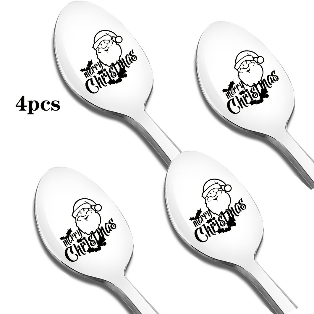 Stainless Steel Spoon Laser Engraved with "Merry Christmas" Design, Perfect for Halloween/Christmas Gifts, Theme Parties, and Gifts for Friends, Family, Classmates, and Colleagues, 2/4/6 Pack, Long Handle