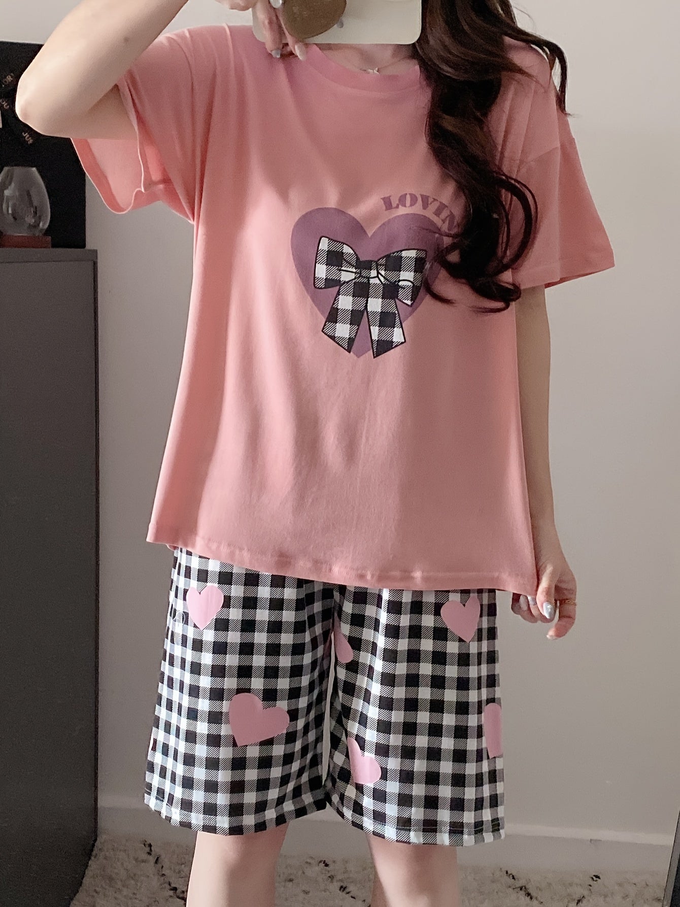 Women's Heart and Plaid Pajama Set with Top and Shorts, Loose Fit and Comfortable