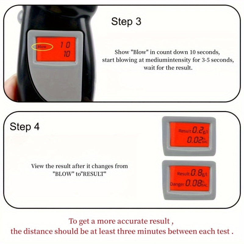 Portable digital breathalyzer with LCD display, high-accuracy BAC detector, and keychain. Requires batteries.