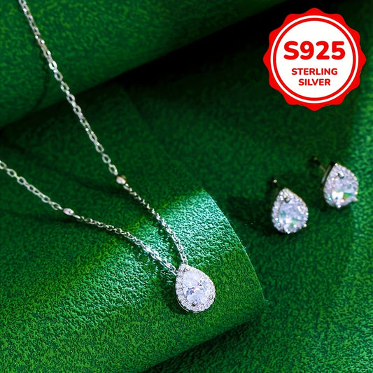 Top Pick - Elegant Water Drop Shape Cubic Zirconia Necklace and Stud Earrings Set in 925 Sterling Silver - Hypoallergenic and Perfect for Girls, Women, Birthdays, Holidays, Prom Nights, and Daily Outfits