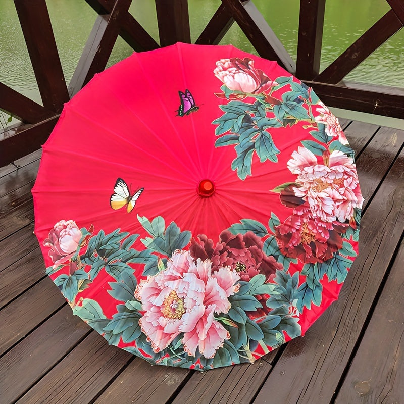 Chinese Flowers Parasol Umbrella with Cherry Blossom Sakura Floral Bamboo Handle for Sun and Rain Protection, Ideal for Weddings and Parties.