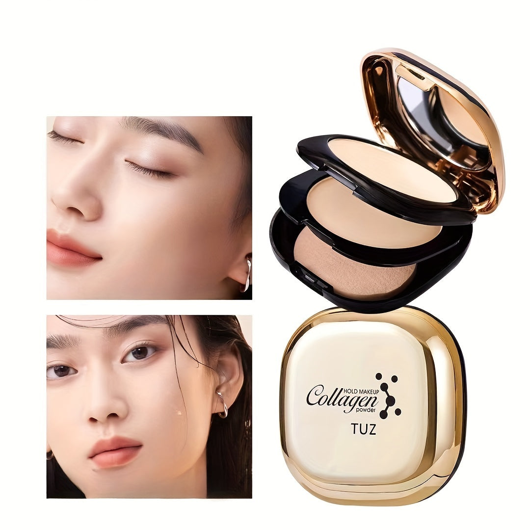 TUZ Collagen Double-Layer Pressed Powder Compact with Matte Finish, Silk Texture, Mirror, Powder Puff, and Plant Squalane