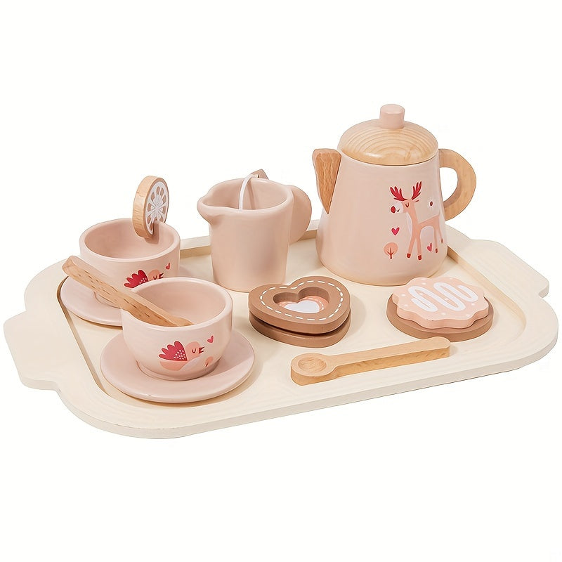 Wooden tea set for little girls, children's tea parties and toy kitchen role-playing.