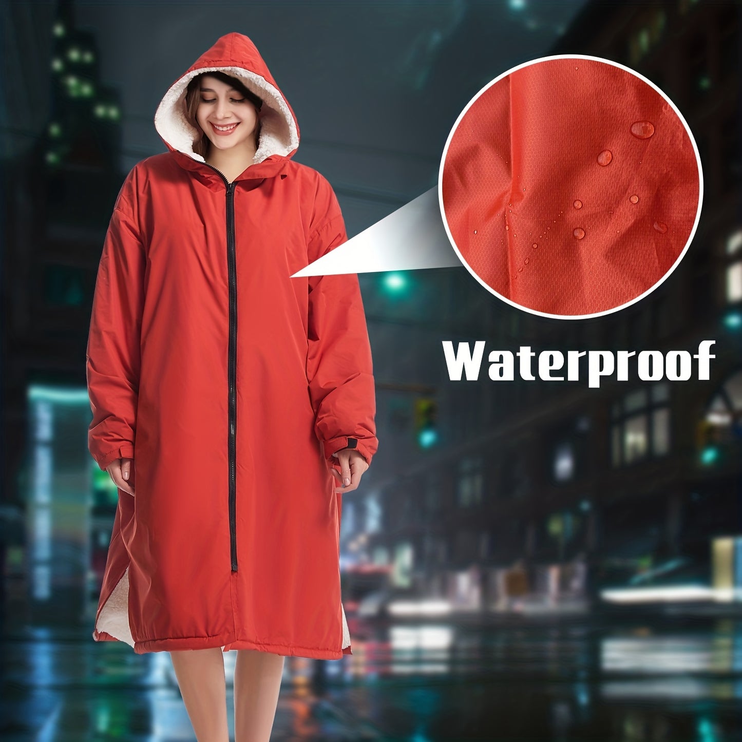 Waterproof, windproof unisex changing robe with fleece lining and hood for home, surfing, diving, camping, and hiking.