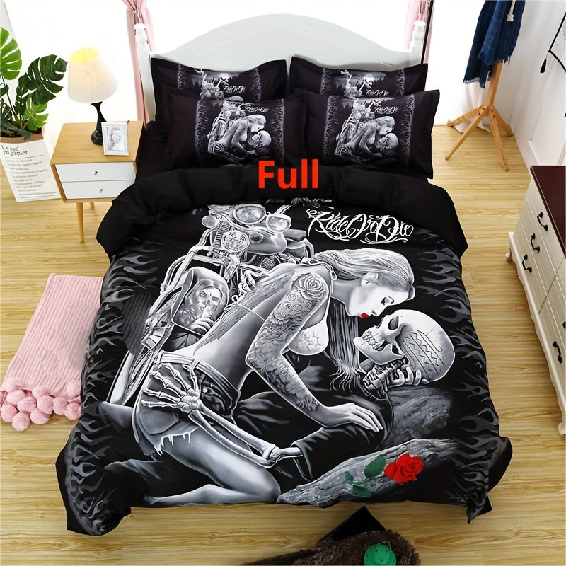 3-piece Skull Rose Print Duvet Cover Set, Comfortable and Soft Bedding Set for Bedroom or Guest Room. Includes 1 Duvet Cover and 2 Pillowcases (Core Not Included). Perfect for Halloween.