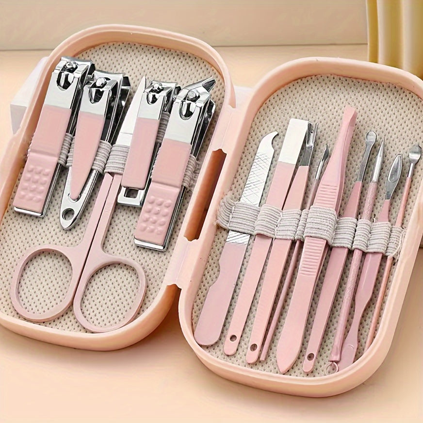 A 14-piece stainless steel manicure and pedicure set with modern concave edge nail clippers and grooming tools, including a portable storage box. A unisex odorless nail care kit.