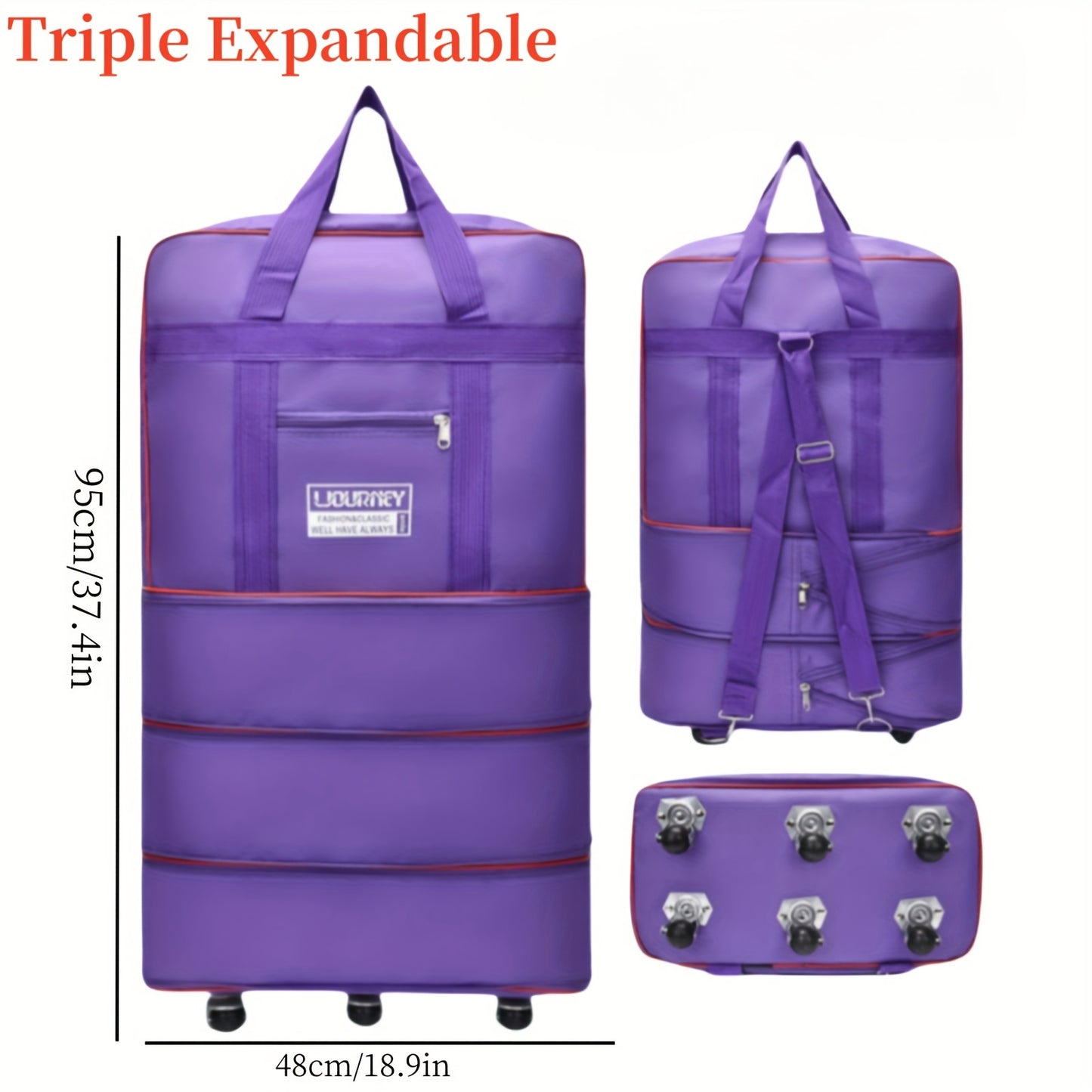 Versatile expandable rolling luggage bag with anti-static spinner wheels, ideal for business, study, and vacation. Features durable polyester construction and waterproof foldable design in