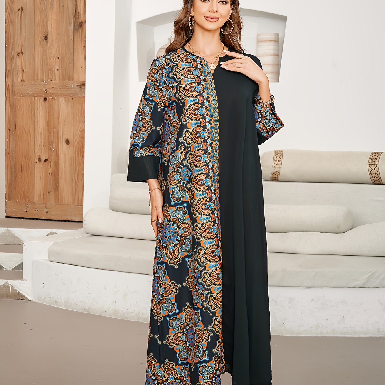 Black & blue floral print maxi kaftan dress with elegant paisley design. Made of polyester, machine washable. Perfect for spring/summer/fall. Arabian style robe in polyester fabric.