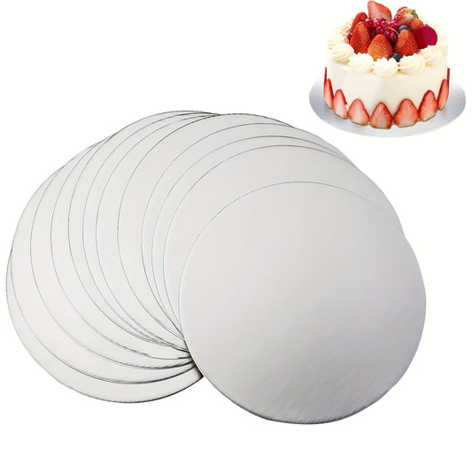 10 pieces of round silvery cake boards for disposable cake bases. These grease-proof cake plates are perfect for decorating cakes, desserts, pizzas, and exhibiting your culinary creations at New Year weddings, birthday parties, and other celebrations.