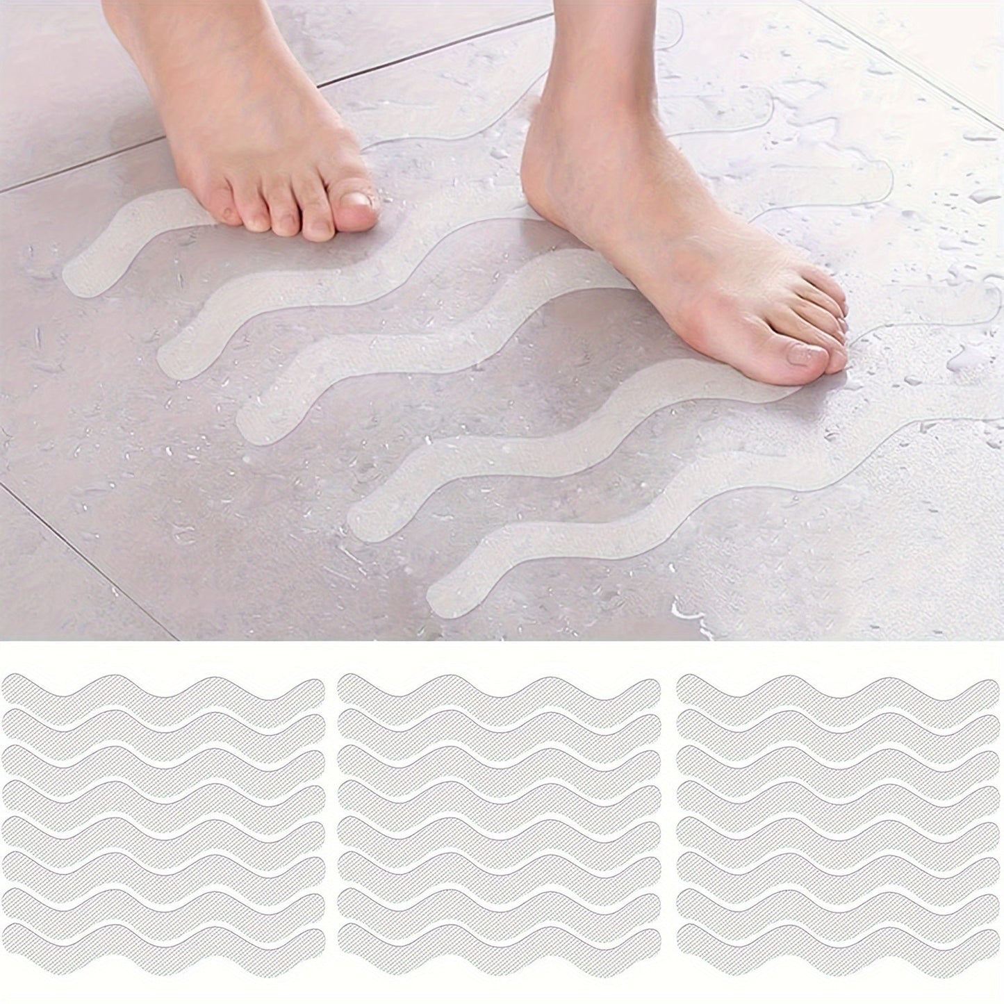 Enhance safety in your bathroom with 24 pieces of EVA Non-Slip Bathtub Stickers featuring a wavy line design. This anti-skid tape provides a durable adhesive grip to prevent slips in the shower and on stairs. Each set includes a scraper for easy