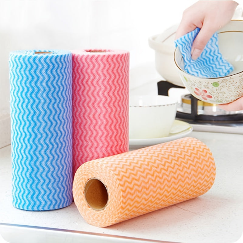 1 roll containing 50pcs of oil-free washable non-woven cloth, disposable dish towels. These versatile towels are perfect for use in the kitchen, living room, bathroom, toilet, and more. Perfect for those looking for a convenient cleaning solution.