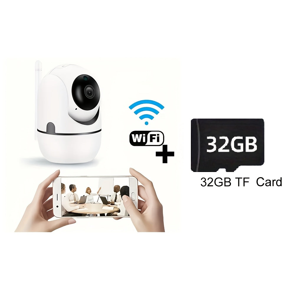 One piece Smart WiFi Security Camera with 1080P HD PTZ, 360° Pan and 110° Tilt capabilities. Features include Auto Tracking, Night Vision, Motion and Audio Detection. Connects wirelessly via 2.4G, powered by USB. Ideal for home surveillance and