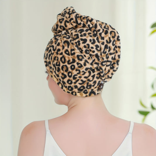 Leopard printed hair drying cap for women, absorbent and quick-drying, perfect for bathroom use.