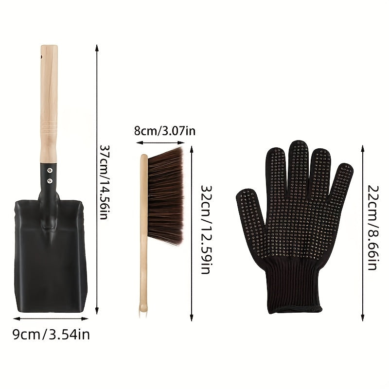 1 set of fireplace cleaning tools includes 4 pieces, such as a shovel, natural wood stove brush, black silicone gloves, and a sturdy fireplace ash shovel. These tools are durable and simple to use.