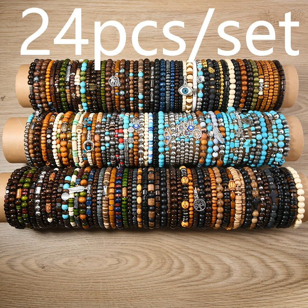 Handmade stretch jewelry for women featuring a set of 12 Boho style mixed wooden bead elastic bracelets. Perfect for daily wear, Valentine's Day gifts, and as a versatile all-season accessory. Includes synthetic February birthstone accents.