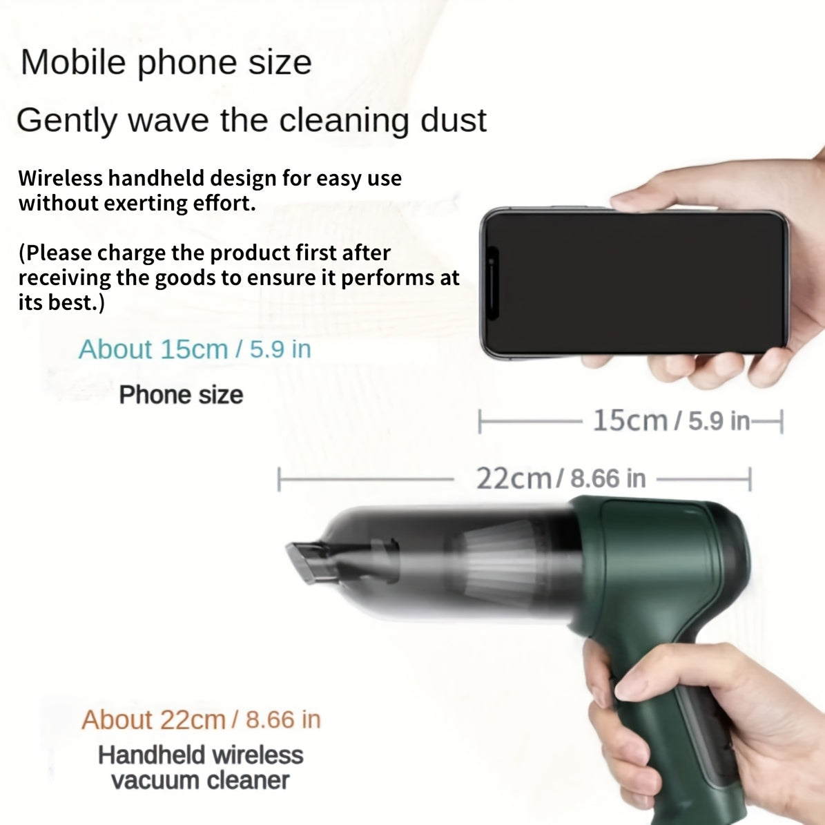 A versatile wireless vacuum cleaner with high power for suction, air extraction, and blowing in both car and home. Extended battery life, includes various accessories for dust and debris