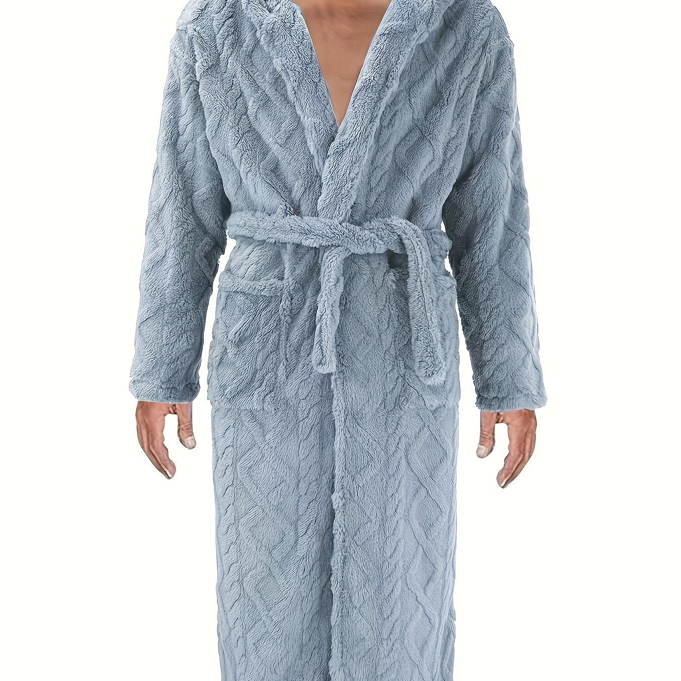 Men's over-the-knee bathrobe with thick fleece, V-neck, and blue quilted design for winter comfort.