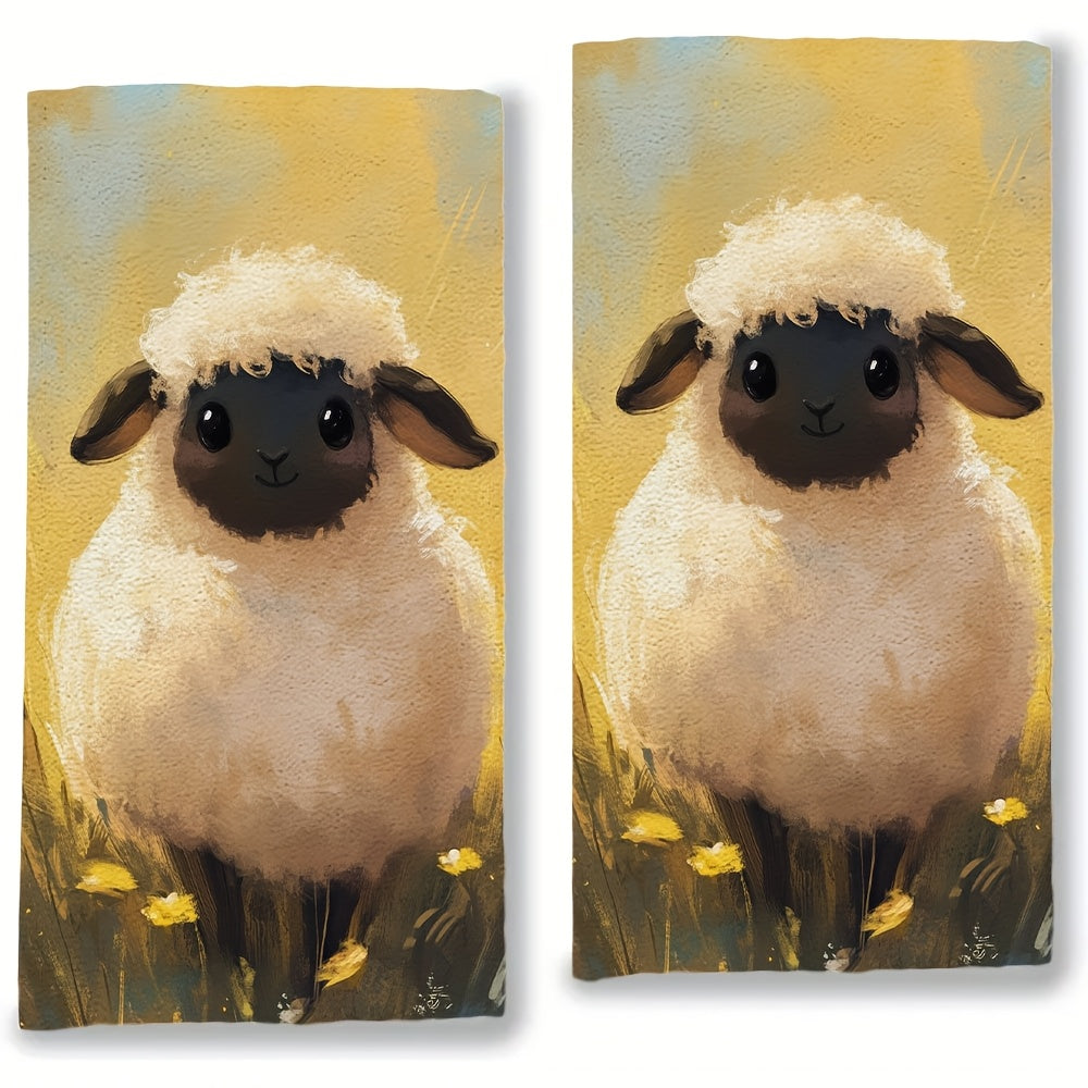 Set of 2 Charming Sheep Kitchen Towels - Made with Ultra Soft, Super Absorbent Polyester Material, Easy to Clean in the Washing Machine, Each Towel Measures 40.64x60.96 cm - Ideal for Adding a Festive Touch to Your Kitchen Decor and Suitable for Daily