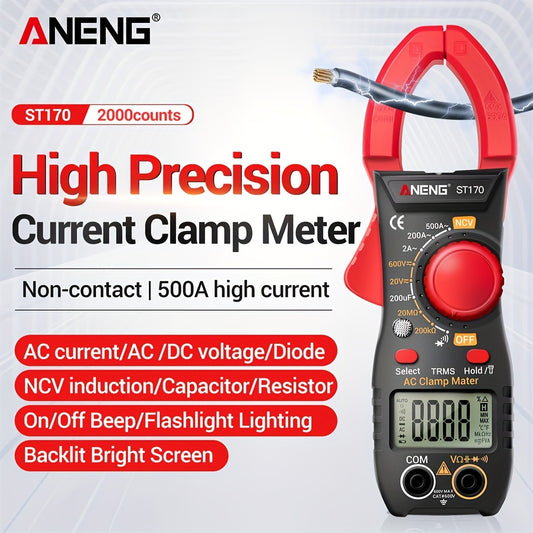 ANENG ST170 is a digital clamp meter with 500A AC current, 1999 counts, AC/DC voltage testing, Hz measurement, capacitance testing, non-contact voltage detection, resistance testing, and