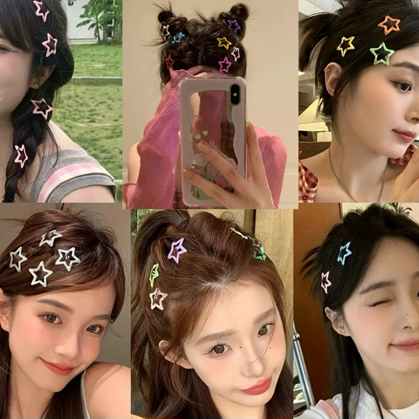 Y2K Cute Star Hair Clips Set in colorful metal star shape, available in 15/30/50/100pcs. Trendy hair accessories for all ages 14+. Perfect gift for Eid and Ramadan.