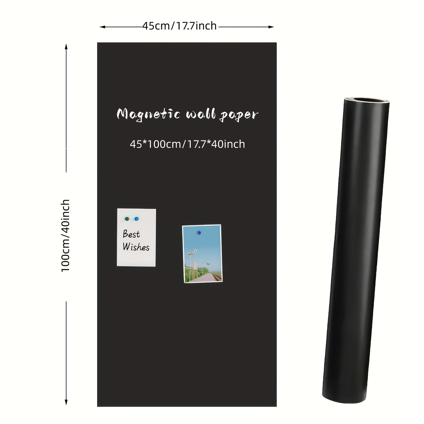 Erasable magnetic blackboard film for smooth surfaces in office and home settings. Includes eraser and 4 magnets.