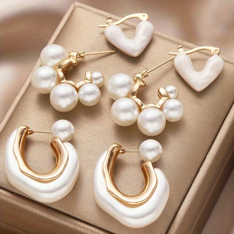 Exaggerate your style with this 6-piece set of French-designed love faux pearl C-shaped earrings. Featuring 3 pairs, these extravagant light luxury accessories are perfect for adding a touch of exotic flair to your daily outfits or party ensembles. Ideal