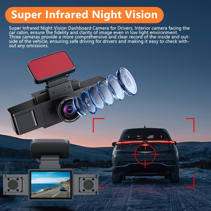 3-channel car dash cam with front, right, and left cameras, night vision, parking monitor.