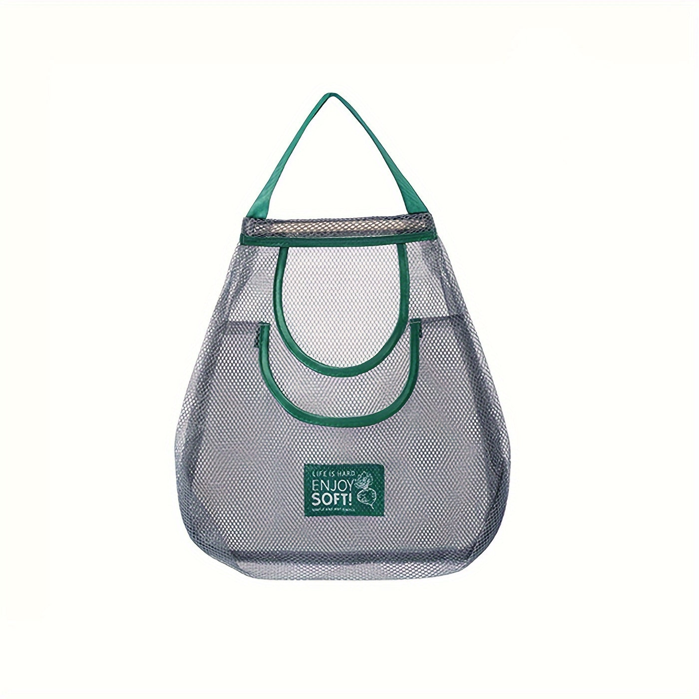 One piece of a mesh hanging bag ideal for storing a variety of items, including garlic, ginger, onion, fruits, and vegetables. This breathable and hangable bag is a versatile storage solution for your kitchen supplies.