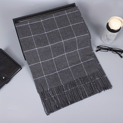 Men's imitation cashmere scarf with tassel detail in a fashion forward plaid pattern, perfect for couples looking to stay warm and stylish during the fall and winter months.