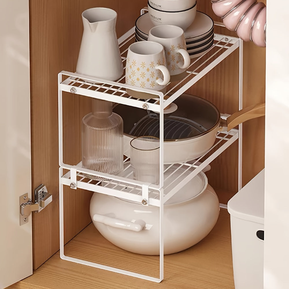 Modern Metal Kitchen Storage Rack, Double-Tier Shelf Organizer for Cabinets & Counters, Multifunctional Open-Storage Island for Spices, Utensils, Microwave - Can be Used Without Electricity, Made Without Wood Materials