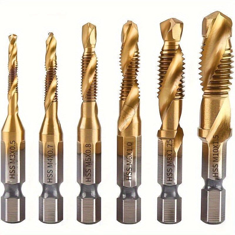 6 piece titanium drill and tap bit set with 1/4" hex shank for high-speed steel and metric threads M3-M10, suitable for screw tapping and countersinking. Combination bit and drill bits