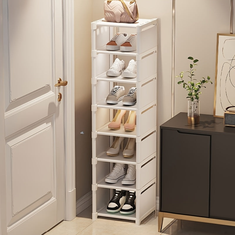 Slim shoe rack organizer with 7 tiers, made of metal and plastic, freestanding design with dust cover. Offers large capacity storage for 4-7 pairs of shoes and boots. Perfect for entryways, closets, homes, and dorms.