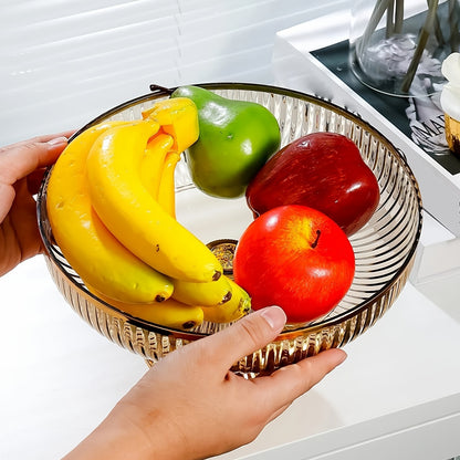 Beautiful acrylic fruit bowl with golden rim and luxurious texture. Perfect for snacks, candy, and fruits. Ideal for home decor, weddings, parties, and table centerpiece.