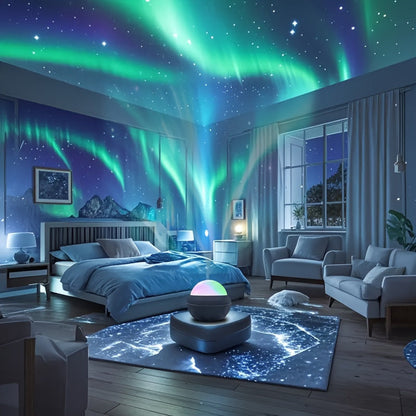 Experience the beauty of Aurora Dreams with this USB-powered starry night sky projector featuring the Northern Lights. Control the adjustable brightness and create the perfect ambiance for your bedroom or game room with the remote control.