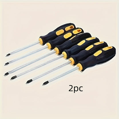 Two-piece screwdriver set with metal construction, ergonomic grip, anti-electricity feature, and precision Phillips & Torx heads for home repairs.