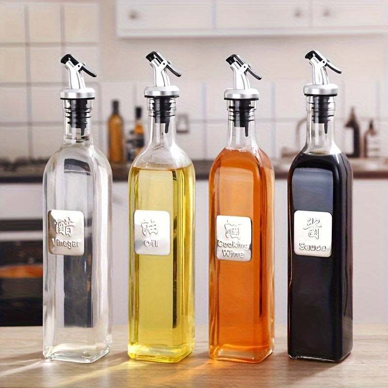 Set of four 500ml glass bottles for olive oil and vinegar, with drip spouts ideal for cooking, baking, and other kitchen tasks. Essential kitchen supplies and tools, perfect for all your kitchen needs.