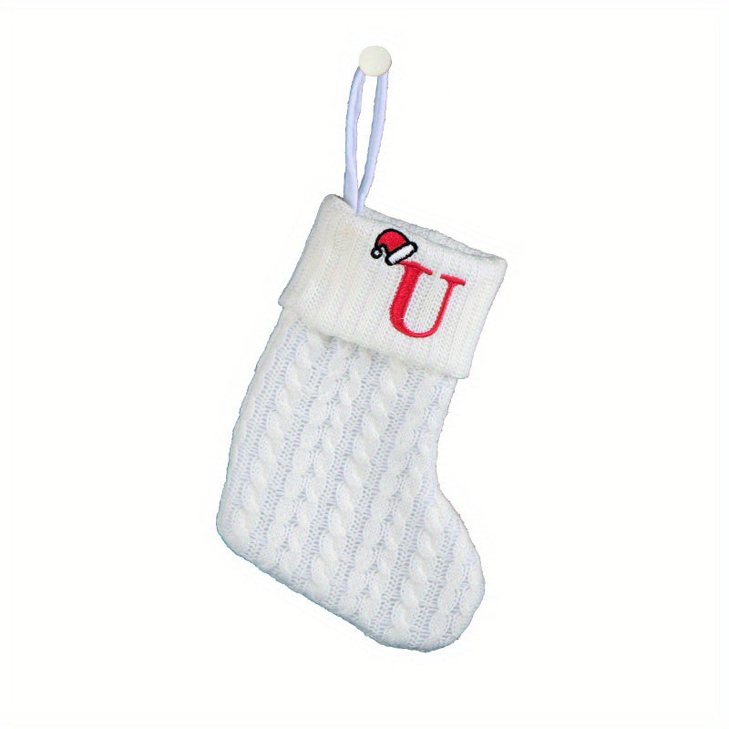 White cable knit stocking with embroidered 'F' - Ideal for indoor decor.