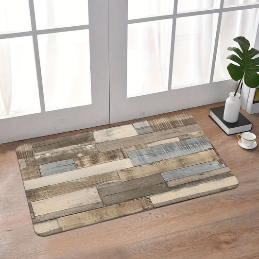 Modern Home Rug Indoor Carpet 1pc Wood Print Floor Mat featuring Color Block Vintage Design. Non-Slip, Dust Resistant Kitchen Mat perfect for Home Room Decor.