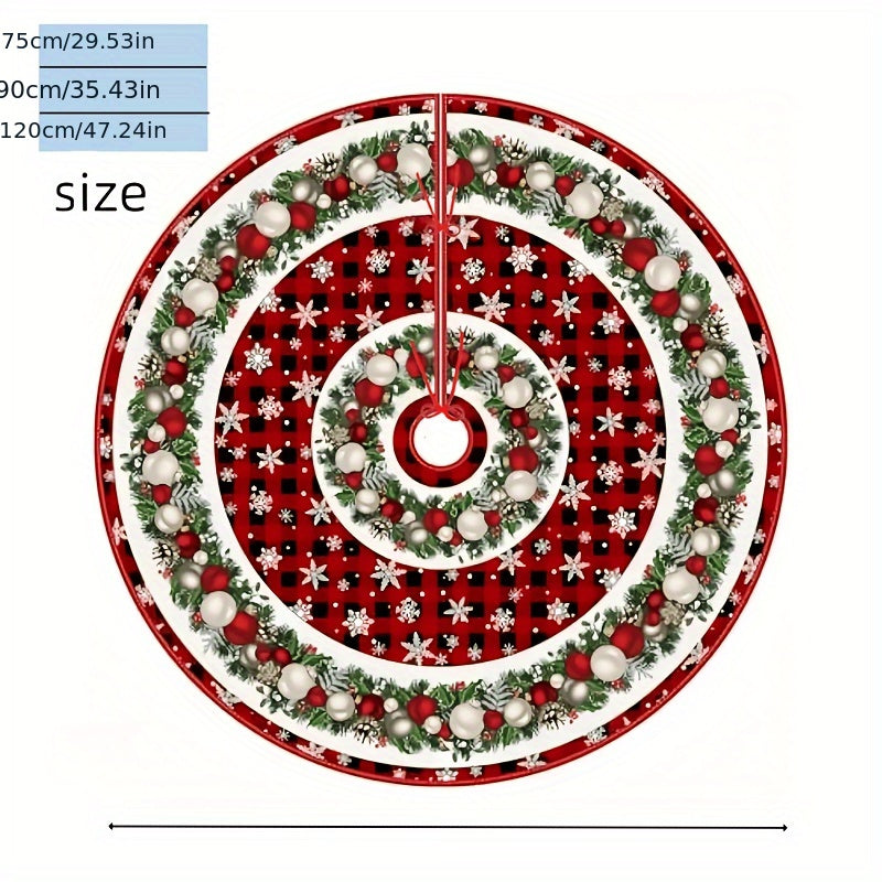 Polyester Christmas tree skirt with drawstring closure (121.92cm) featuring a glam angel theme. Festive holiday decoration with snowflakes, baubles, and holly design. Perfect for home, office, or themed party decor.