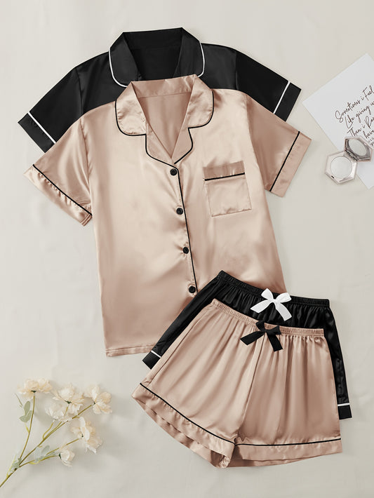 Solid satin pajama set with short sleeve lapel buttons top and bow shorts for women's sleepwear and loungewear.