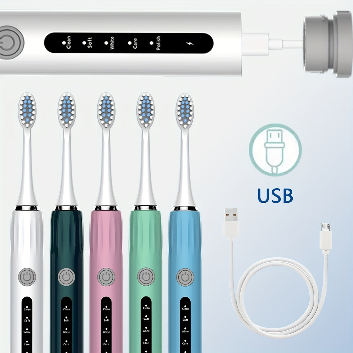 High-quality adult electric toothbrush with USB charging, 8 brush heads. Choose from 5 colors. Fully automatic, suitable for sensitive gums and teeth.