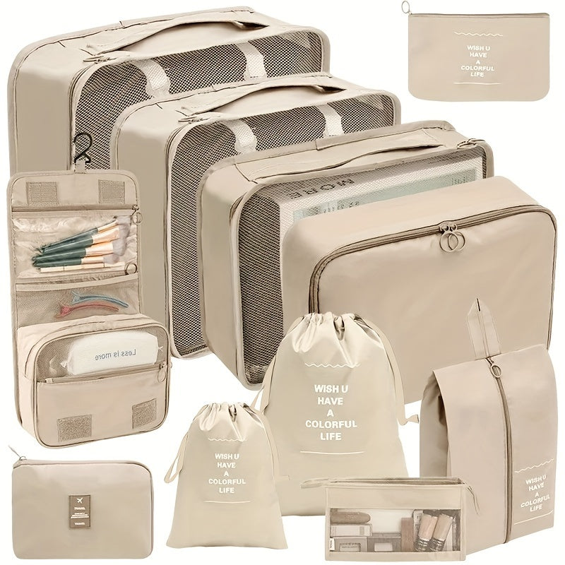 11-piece set of hanging cosmetic bags made of nylon for organizing travel essentials.