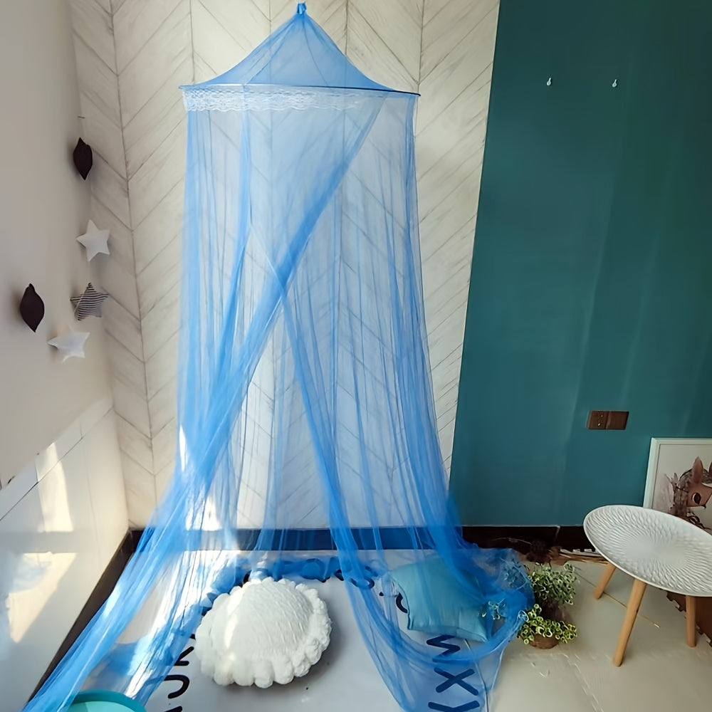 This black dome mosquito net features lace trim, a top and door ribbon, and ruffles. It is suitable for single, double, and queen beds, and makes a stylish addition to any bedroom decor. Made from polyester fabric weighing 200-250g, this net does not