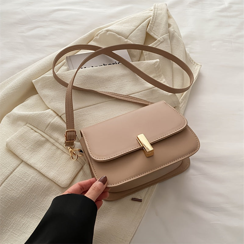 Casual PU crossbody bag for women with adjustable strap, solid color, turn-lock closure, lightweight handbag with French stick lock design at origin Baigou.