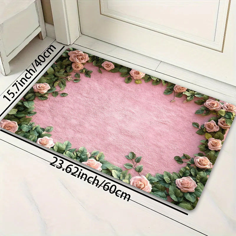 Polyester Doormat with Floral Design, Machine Washable, Non-Slip, 8mm Thick, Decorative Indoor Entrance Mat in Rectangle Shape for Kitchen, Living Room, Bedroom.