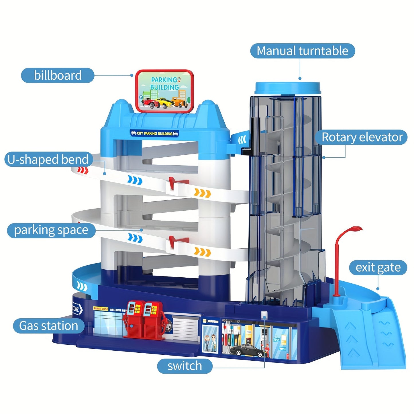 BABY HOME 4 Cars Garage with Parking Lot, Rail Car, Ambulance, Police Car, School Bus Toy Gift for Boy or Girl.